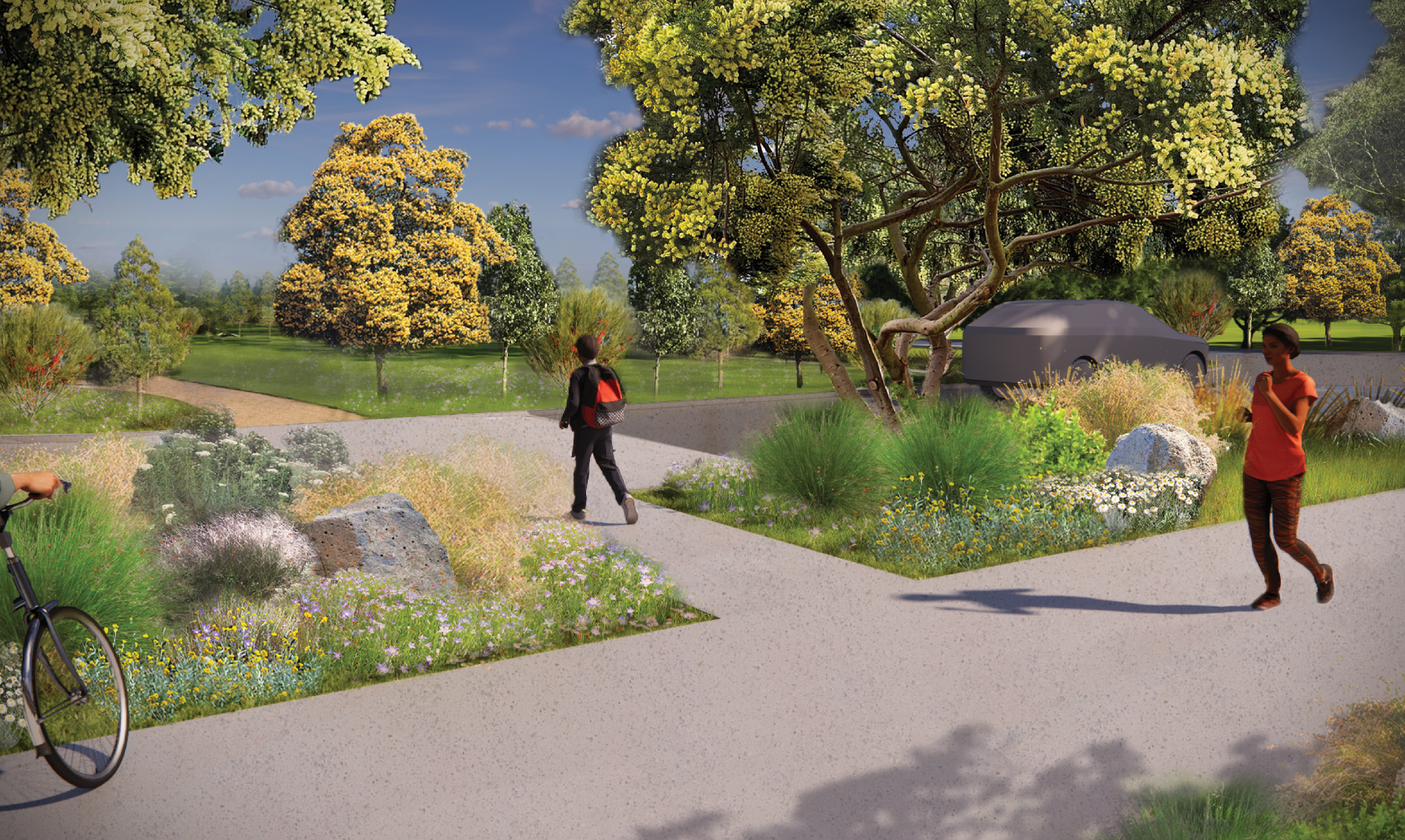 Render showing the shared path and landscaping.