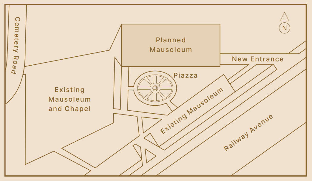 Aerial map showing the layout of the existing and planned mausoleum structures at Werribee Cemetery.