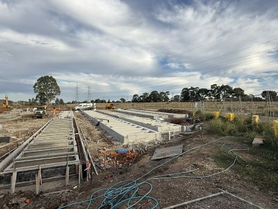 Rows of concrete rectangles in the ground, the foundations for future monumental graves. 